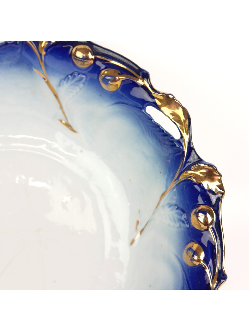 Antique Flow Blue Porcelain Bowl 10.4" Gold Gilt Embossed Cherries Openwork Rim - Picture 5 of 12